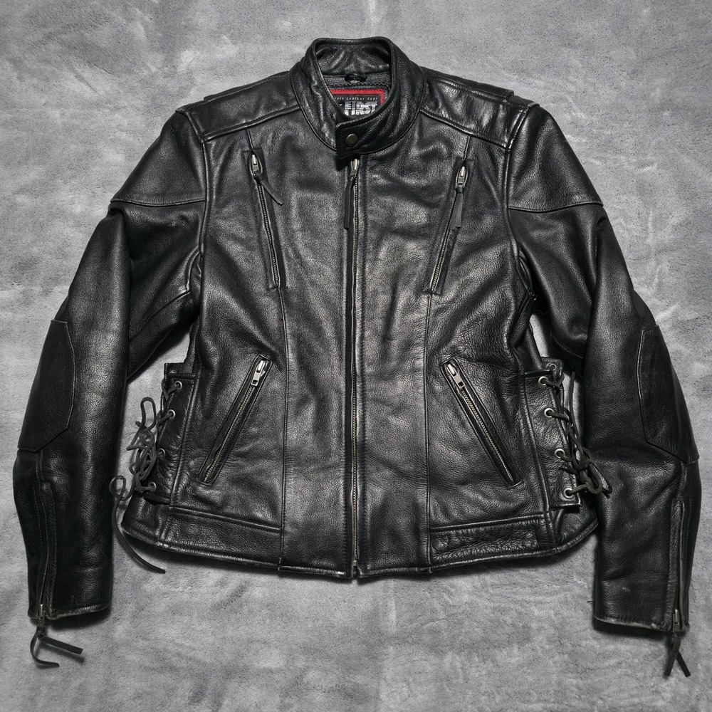 Vintage Firstgear Classic Black Leather Moto Jacket Coat Liner Womens Size Large